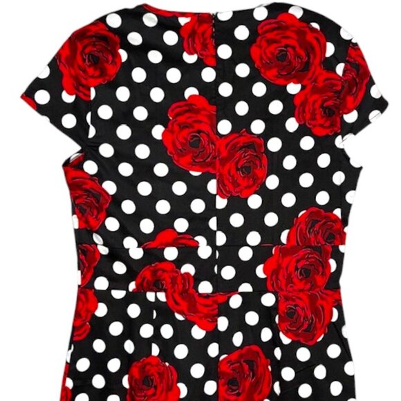 Grace Karin 1950s Polka Dot Roses Cotton Cap Sleeved Dress - Red/Black/White - L - Picture 6 of 10